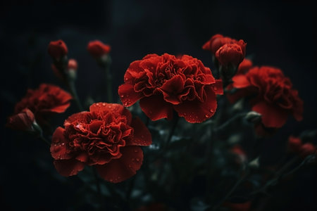 Red marigold dark moody romantic background. Close up floral banner. AI generatedの素材