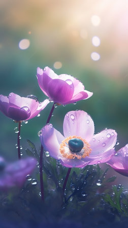 Blooming anemone flowers with drops of water close-up background. summer wallpaper. AI generatedの素材