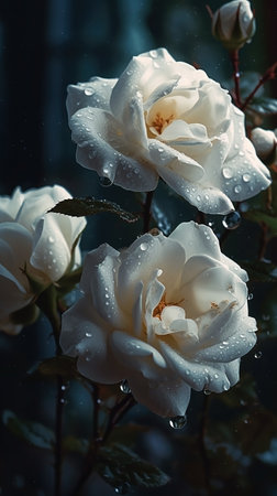 Close-up white roses with drops of water background. floral wallpaper. AI generatedの素材