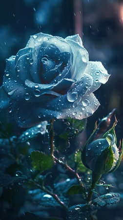 Blooming blue roses with drops of water close-up background. floral wallpaper. AI generatedの素材