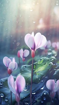 Blooming cyclamen flowers with drops of water close-up background. floral wallpaper. AI generatedの素材