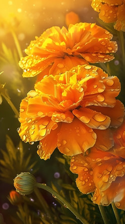 Blooming marigold flowers with drops of water close-up background. floral wallpaper. AI generatedの素材