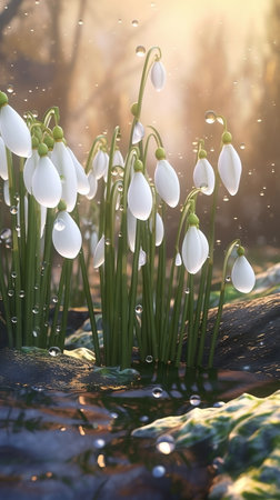 Close-up snowdrop flowers with drops of water background. AI generatedの素材