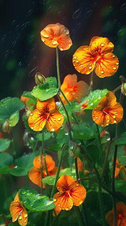 Blooming nasturtium flowers with drops of water close-up background. floral wallpaper. AI generatedの素材