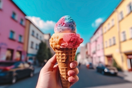 Hand holding ice cream on the background of a European cityの素材