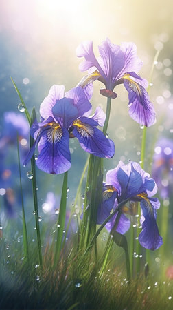 Close-up iris flowers with drops of water background. AI generatedの素材