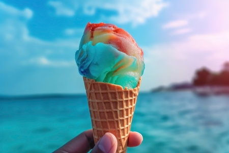 Hand holding ice cream on the background of the beachの素材