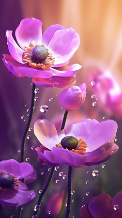 Blooming anemone flowers with drops of water close-up background. summer wallpaper. AI generatedの素材