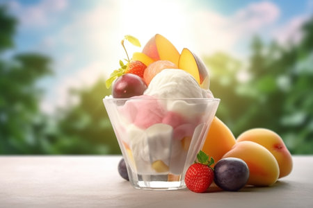 Ice cream decorated with fruits on the summer backgroundの素材