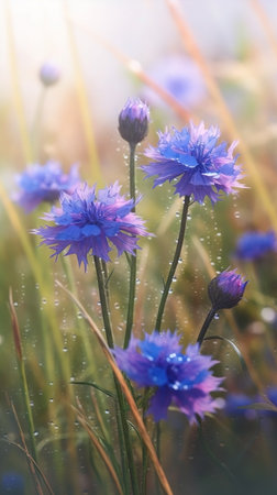 Blooming cornflower with drops of water close-up background. floral wallpaper. AI generatedの素材