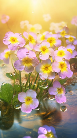 Blooming primrose flowers with drops of water close-up background. AI generatedの素材