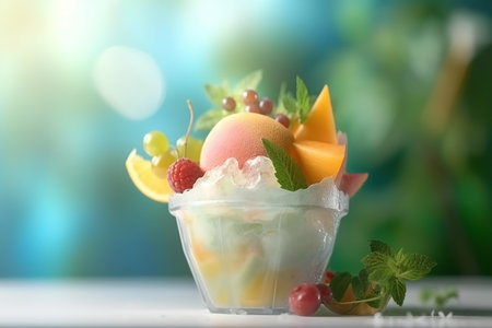 Ice cream decorated with fruits on the summer backgroundの素材