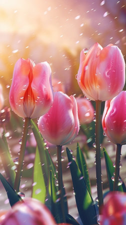 Blooming tulips with drops of water close-up background. summer wallpaper. AI generatedの素材