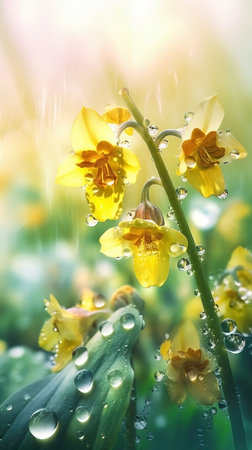 Blooming cowslip flowers with drops of water close-up background. summer wallpaper. AI generatedの素材