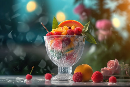 Ice cream decorated with fruits on the summer backgroundの素材