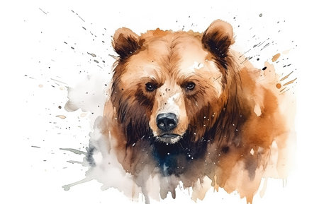 Watercolor brown bear portrait illustration on white backgroundの素材