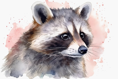Watercolor raccoon portrait illustration on white backgroundの素材
