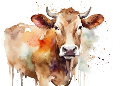 watercolor cow portrait on white backgroundの素材