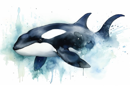 Watercolor killer whale illustration on white backgroundの素材
