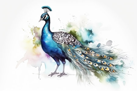 watercolor peacock illustration on white backgroundの素材
