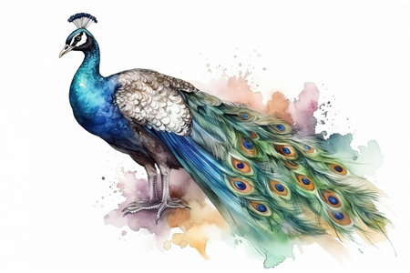 watercolor peacock illustration on white backgroundの素材
