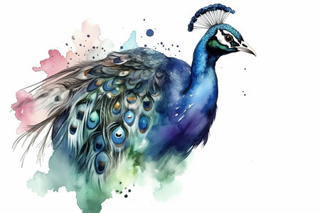 watercolor peacock illustration on white backgroundの素材