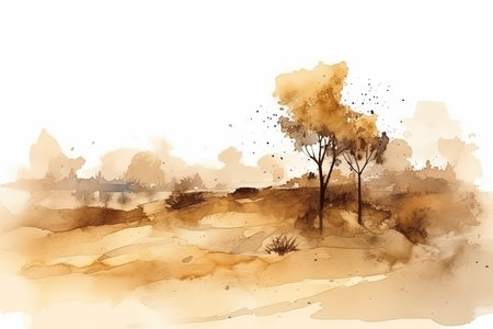Watercolor neutral minimalist landscape illustration. Invitation, banner, card backgroundの素材