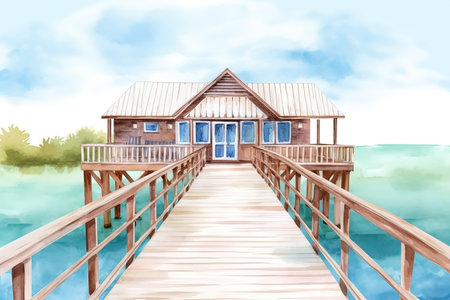 Watercolor bungalow at the seaside, vacation illustrationの素材