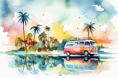Watercolor hippie bus on the beach with palms, travel illustrationの素材
