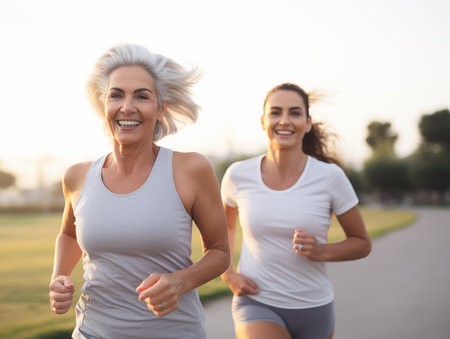 Active middle-aged women enjoying jogging. The concept of active lifeの素材