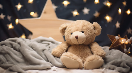 Christmas decor, teddy bear close-up on the background of a cozy interiorの素材