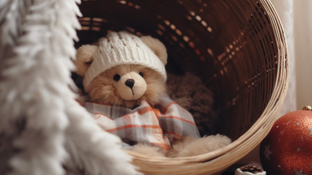 Christmas decor, teddy bear close-up on the background of a cozy interiorの素材