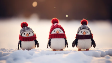 Three toy penguins in knitted hats and scarves stand on the snow close-up. Winter conceptの素材