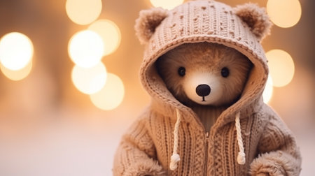 Christmas decor, teddy-bear close-up on blurred backgroundの素材