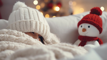 A girl in a white knitted hat covered with a blanket sits on the sofa next to a toy snowman, Christmas conceptの素材