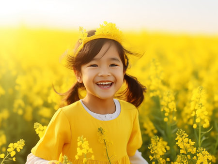 Cute Asian girl smiles close-up and walks through a blooming meadow with yellow flowers. Springtime conceptの素材