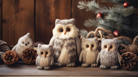 Knitted soft owl toys on a background of a Christmas tree. Winter conceptの素材