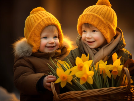 Little brother and sister smiling and holding a basket of primroses close-up. Spring conceptの素材