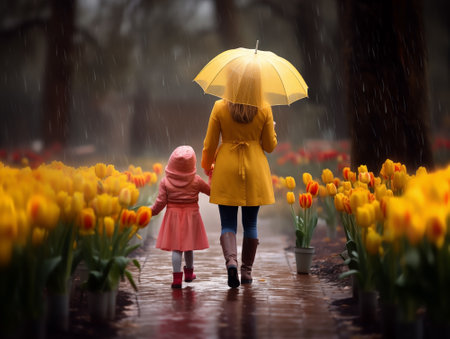Mom and daughter walk hand in hand on a rainy day, with pots of tulips on the sidesの素材