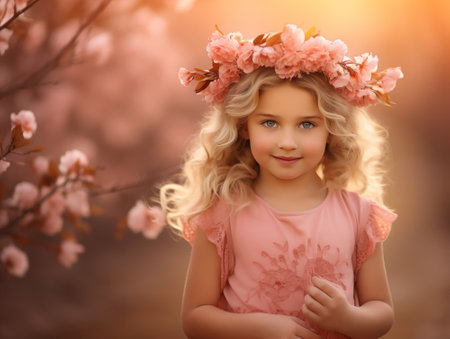 Cute toddler girl with flower wreath close-up. Spring or summertime conceptの素材