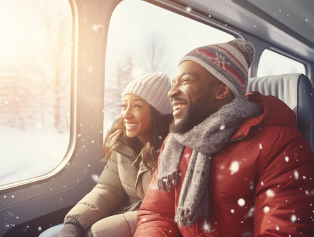 Portrait of young black man and woman looking at the snow through train windowの素材