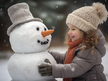 A toddler girl in a snowsuit with wool hat toque builds a large snowman with carrot nose and smiling face in backyardの素材