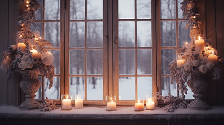A window with candles and snow on it. Cozy Christmas interiorの素材