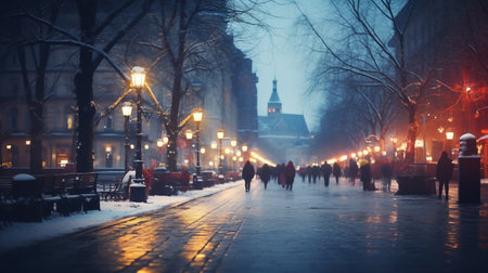 Enchanting winter evening: festive blurred street at Christmasの素材