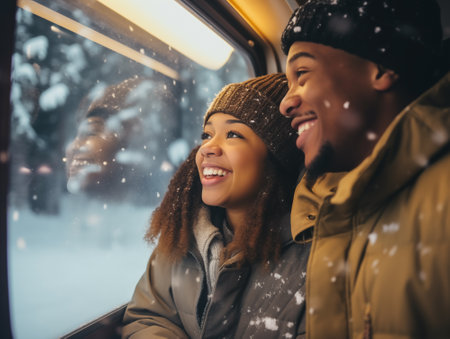 Portrait of young black man and woman looking at the snow through train windowの素材