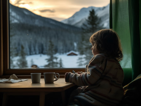 Little girl in a cozy Norwegian jumper looking out the window of a cabin. Winter conceptの素材