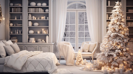 Cozy winter bedroom with Christmas tree. Christmas and New Year conceptの素材