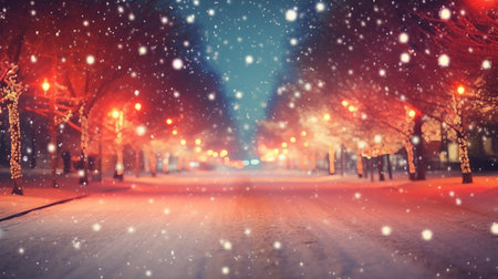 Blurred winter street at night in Christmas glowの素材