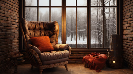 A chair in front of a window. Cozy winter interiorの素材