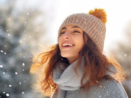 Happy Caucasian young woman in knitted hat and white wool sweater on winter backgroundの素材